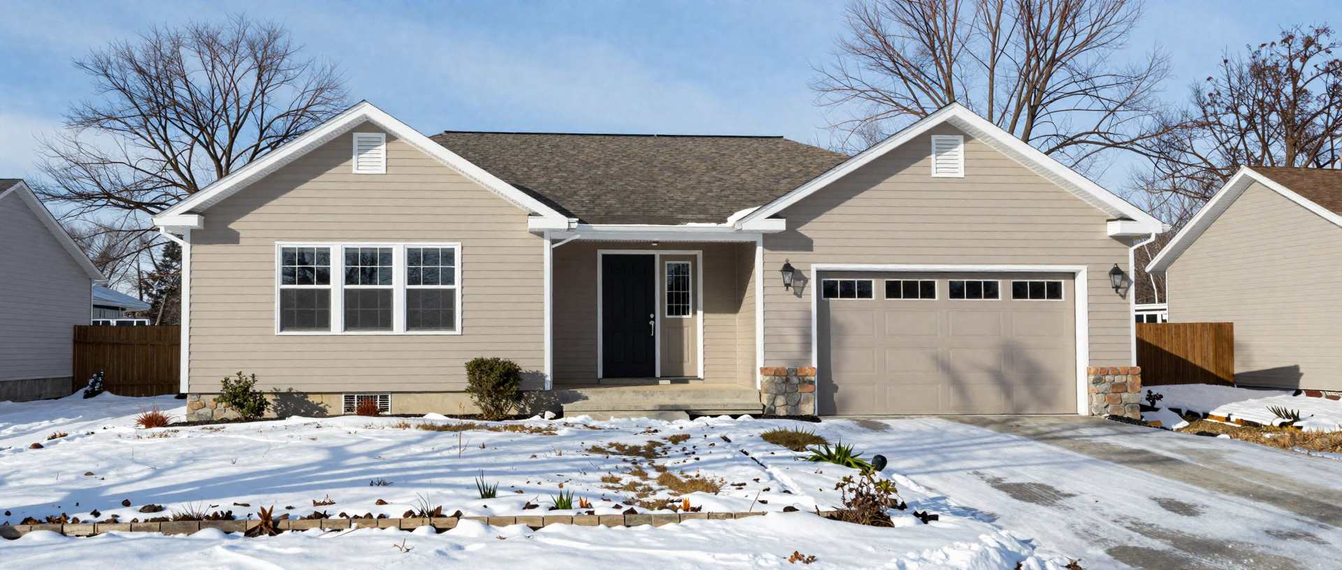 Snowy residential home exterior in Albion, New York during winter