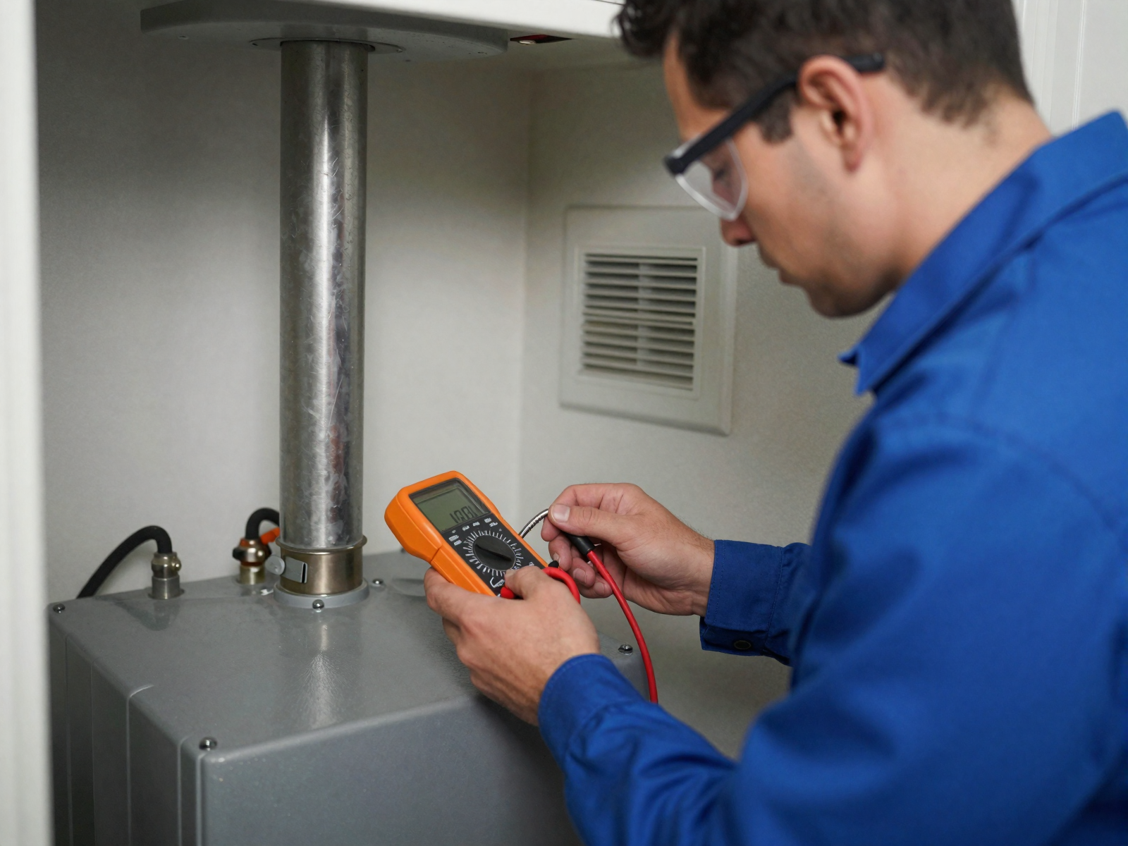 HVAC technician inspecting high-efficiency furnace in residential utility closet