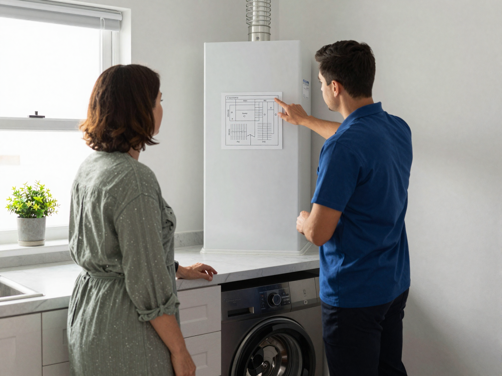HVAC technician discussing furnace repair with homeowner in kitchen