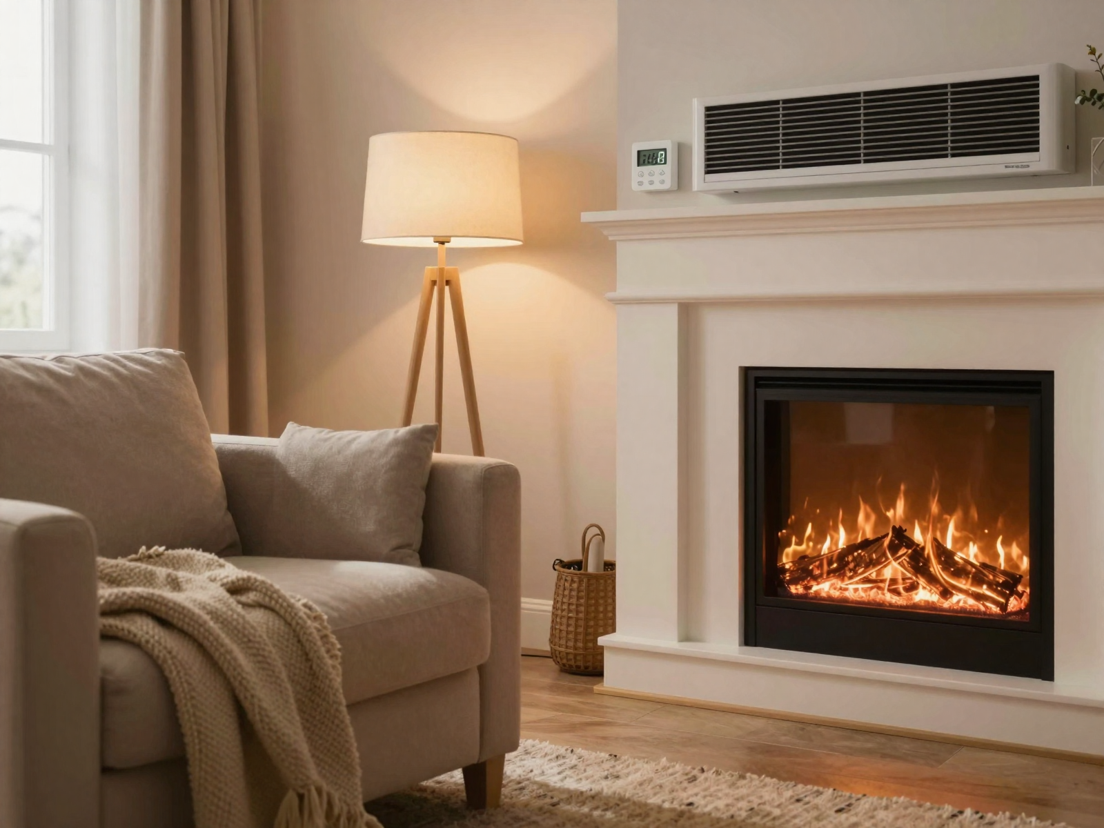 Warm living room with comfortable HVAC system and thermostat displaying comfortable temperature